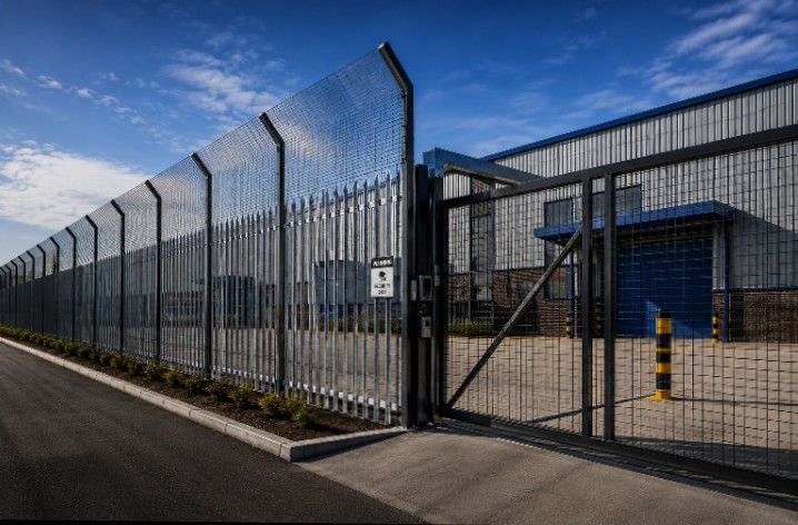 Black palisade-style security fence and gate at an industrial warehouse