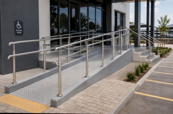 Stainless steel access ramp with handrails outside a building