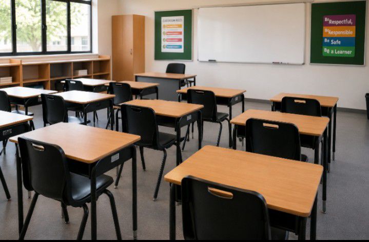 Classroom fitted with wooden desks and black steel-frame chairs