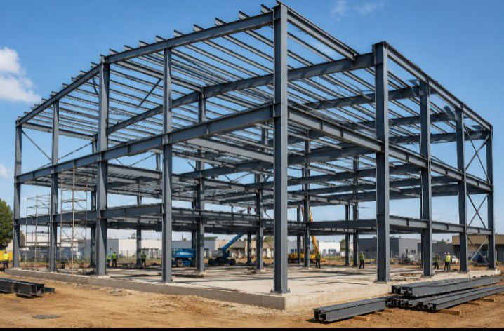 Multi-storey structural steel frame skeleton on a commercial build