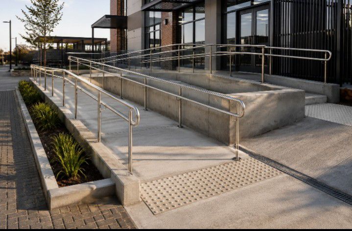 Stainless steel ramp with handrails at a modern building entrance