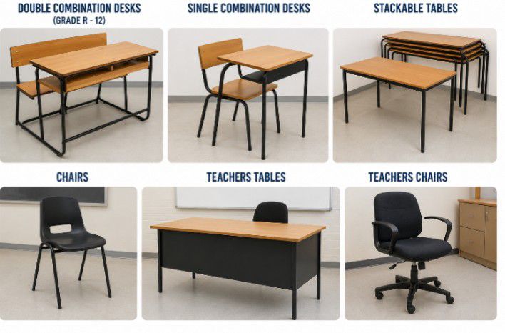 Range of school furniture: combination desks, stackable tables, chairs and teachers tables
