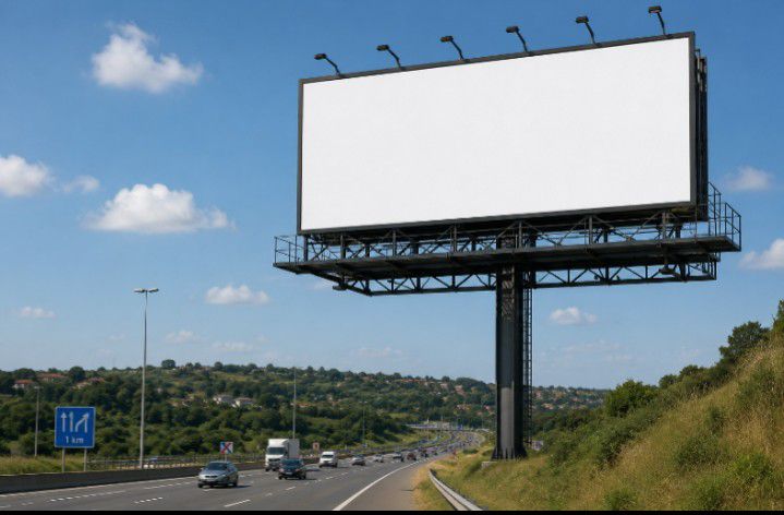 Billboard structure on a steel frame beside a highway