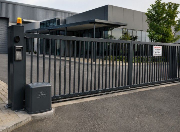 Automated sliding security gate at an industrial building entrance