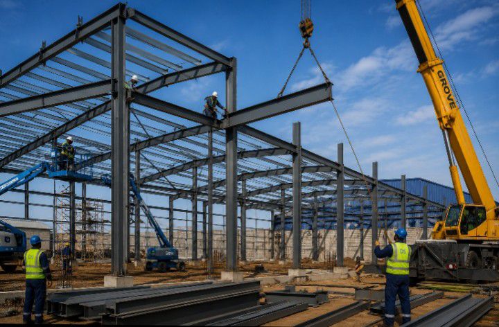 Crane lifting a steel beam while workers in hi-vis erect a steel frame